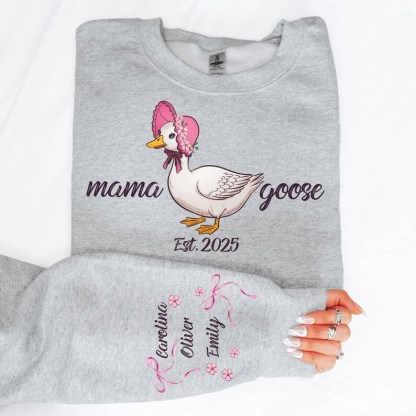 Custom Mama Goose Sweatshirt Gift With Kid Name On Sleeve