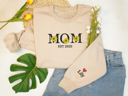 Custom Mom Est 2025 Sunflower Embroidered Sweatshirt
