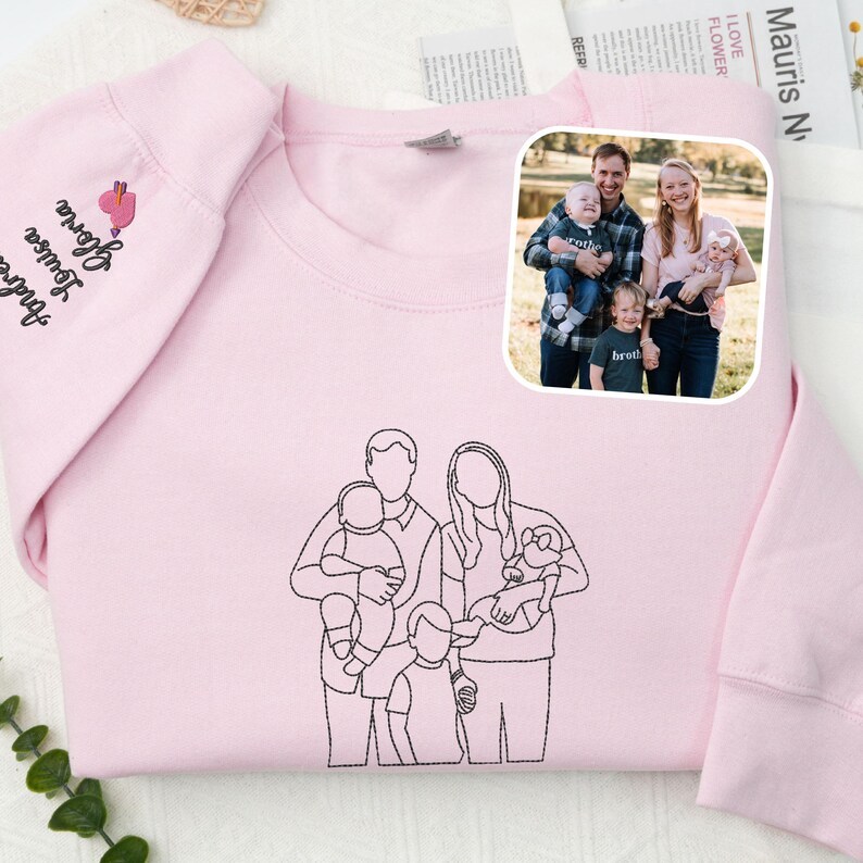 Custom Family Portrait Embroidered Outline Photo Sweatshirt