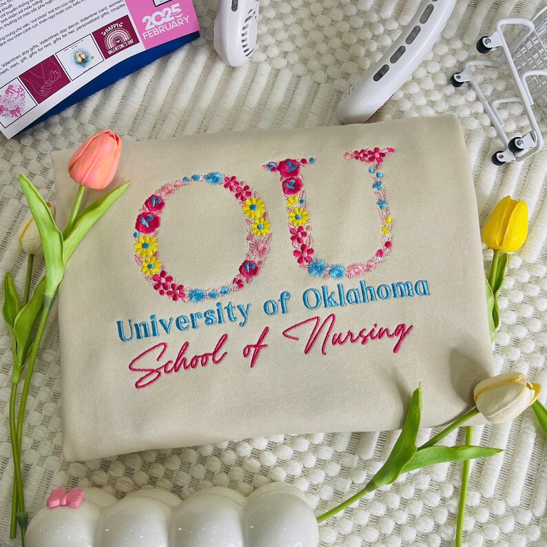 Custom College Floral Letter Embroidered Sweatshirt, High School Crewneck, Graduation Gift