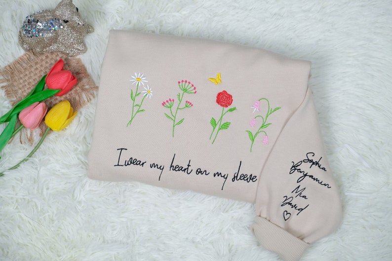 Custom I Wear My Heart On My Sleeve Floral Embroidered Sweater With Name