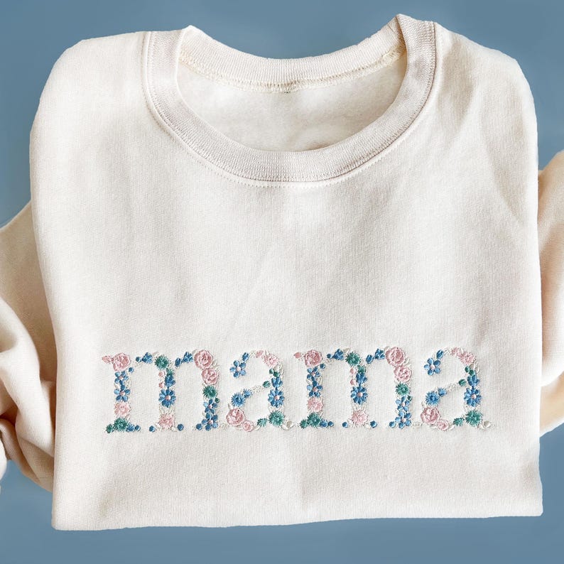 Custom Pastel Floral Mama Embroidered Gemma Crew Sweatshirt