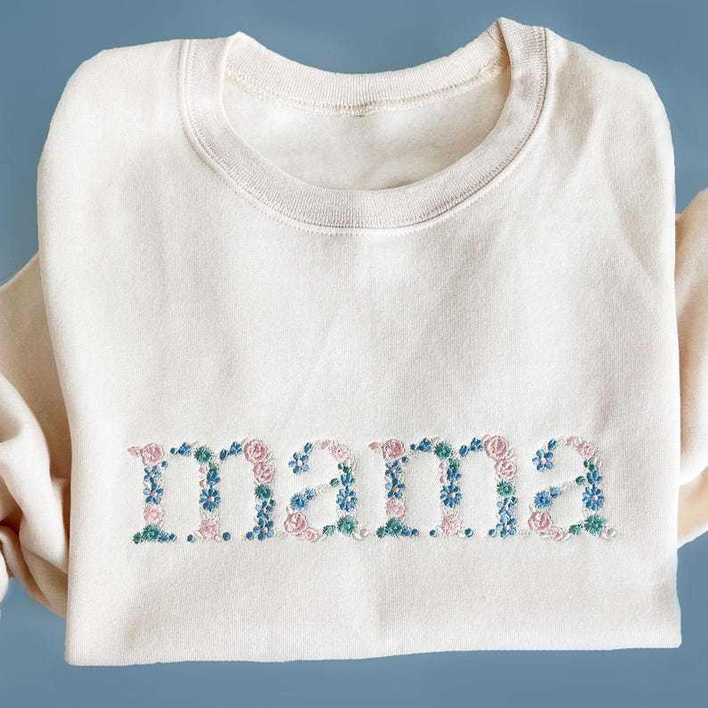 Custom Pastel Floral Mama Embroidered Gemma Crew Sweatshirt