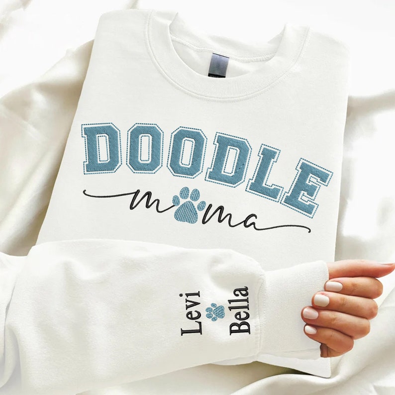 Custom Dog Mom Embroidered Sweatshirt, Personalized Dog Paw With Name On Sleeve