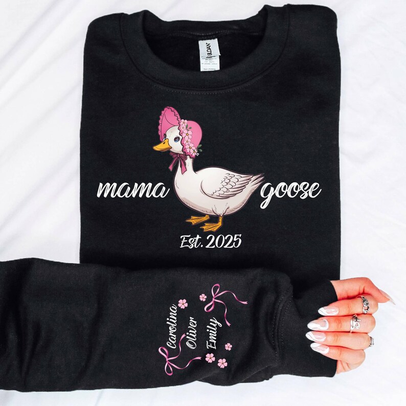 Custom Mama Goose Sweatshirt Gift With Kid Name On Sleeve