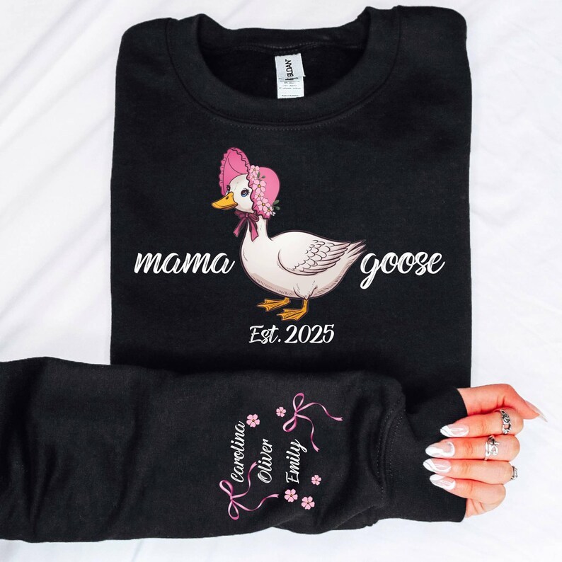 Custom Mama Goose Sweatshirt Gift With Kid Name On Sleeve
