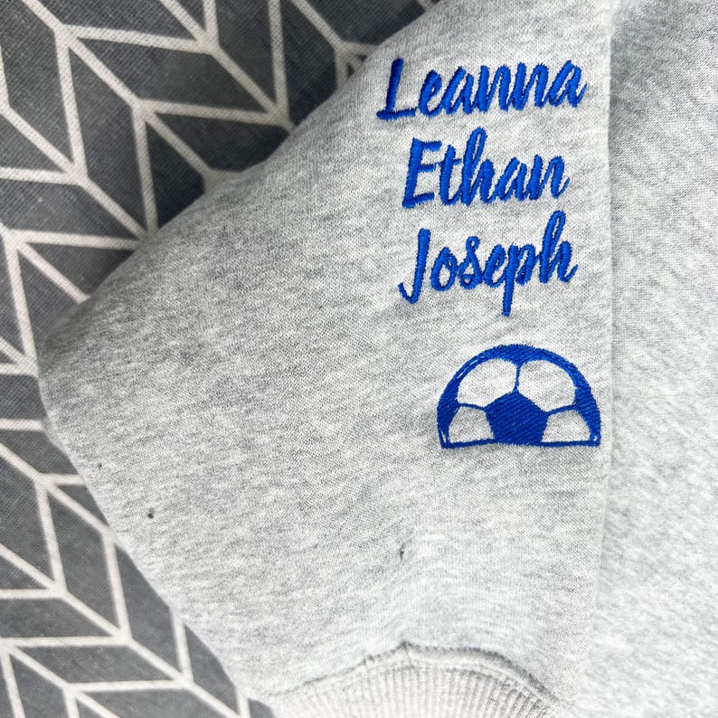 Custom Embroidered Soccer Mom Crewneck With Name On A Sleeve Sweatshirt