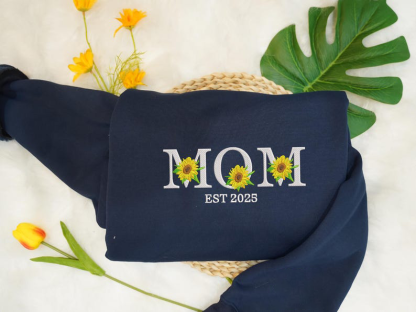Custom Mom Est 2025 Sunflower Embroidered Sweatshirt