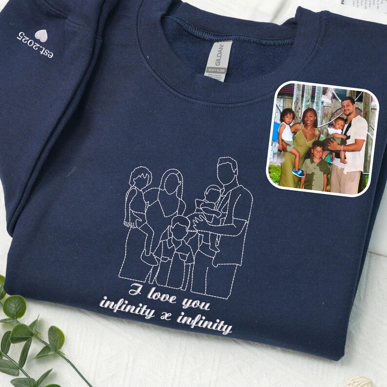 Custom Family Portrait Embroidered Outline Photo Sweatshirt