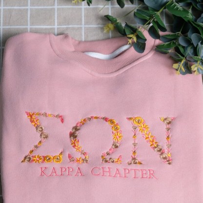 Custome Flower Text University Or Sorority Embroidered College Crewneck, Embroidery High School Sweater