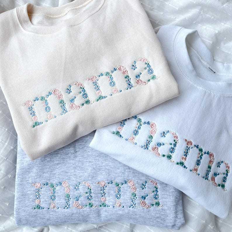 Custom Pastel Floral Mama Embroidered Gemma Crew Sweatshirt