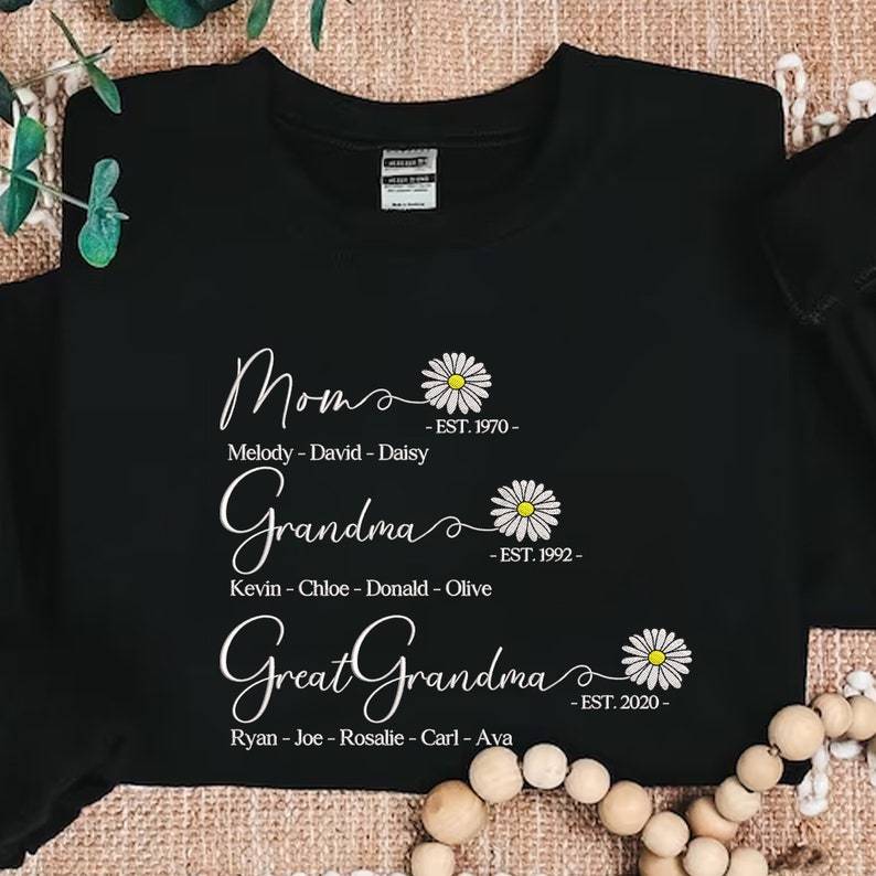 Custom Mom Grandma Great Grandma Embroidered Sweatshirt With Grandkids Names
