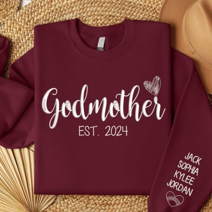 Personalized Godmother Embroidered Sweatshirt With Names On Cuff