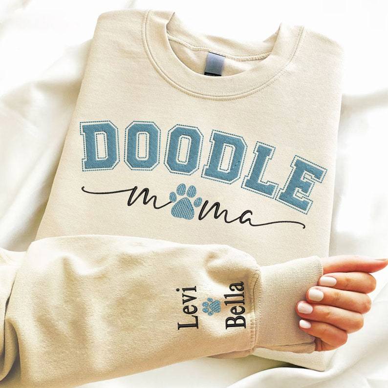 Custom Dog Mom Embroidered Sweatshirt, Personalized Dog Paw With Name On Sleeve