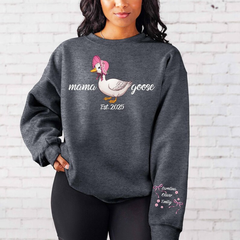 Custom Mama Goose Sweatshirt Gift With Kid Name On Sleeve