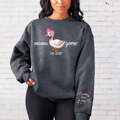 Custom Mama Goose Sweatshirt Gift With Kid Name On Sleeve