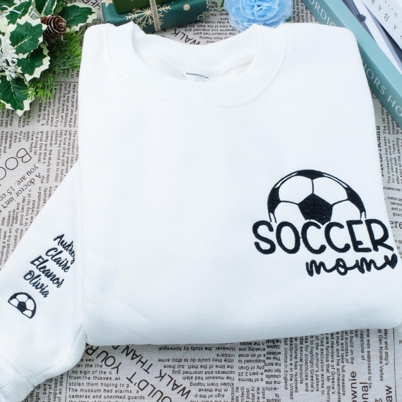 Custom Embroidered Soccer Mom Crewneck With Name On A Sleeve Sweatshirt