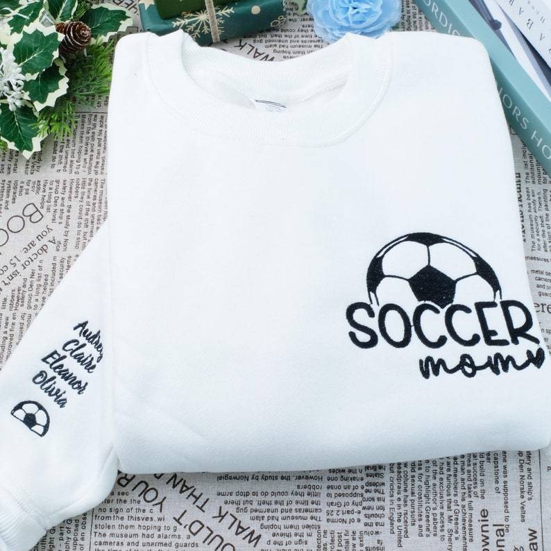 Custom Embroidered Soccer Mom Crewneck With Name On A Sleeve Sweatshirt
