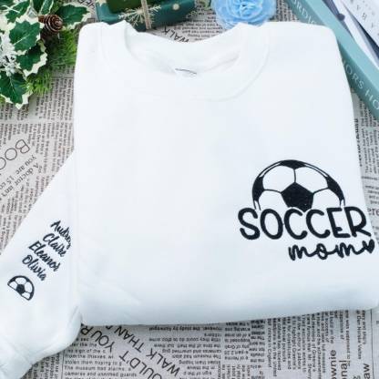 Custom Embroidered Soccer Mom Crewneck With Name On A Sleeve Sweatshirt