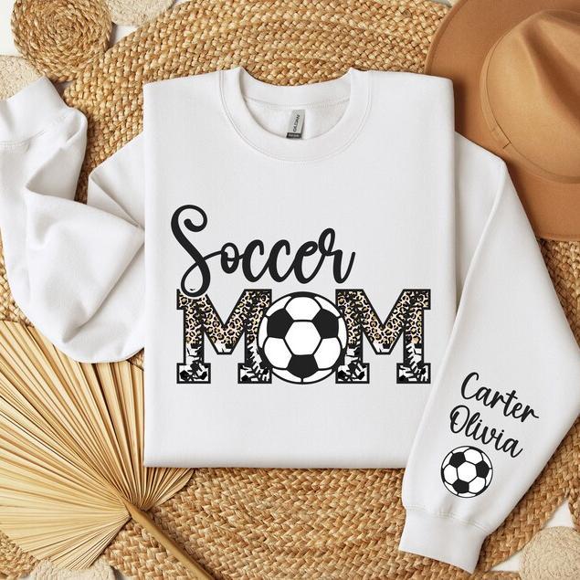 Custom Soccer Mom With Name On Sleeve Sweatshirt