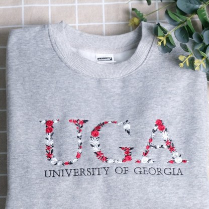 Custome Flower Text University Or Sorority Embroidered College Crewneck, Embroidery High School Sweater