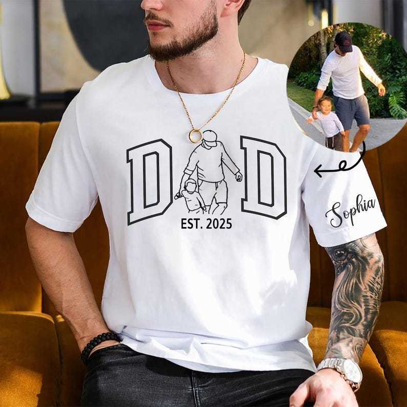 Personalized Dad Outline Photo Tshirt Father's Day Gift 2025