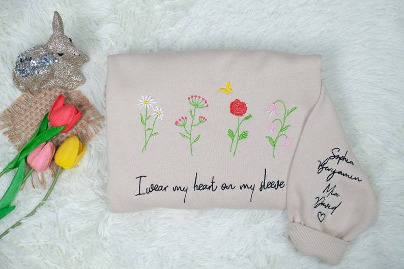 Custom I Wear My Heart On My Sleeve Floral Embroidered Sweater With Name