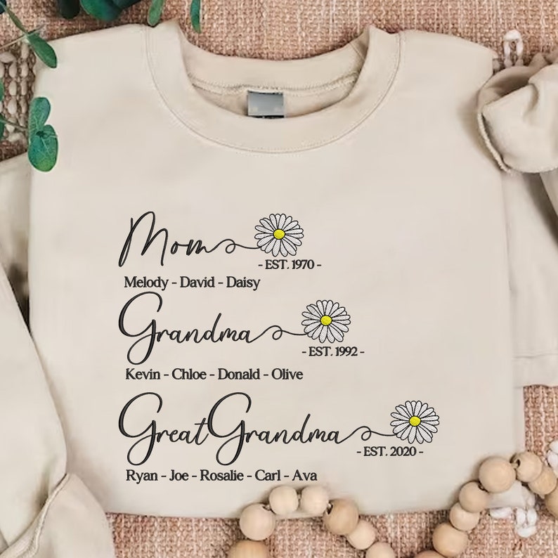 Custom Mom Grandma Great Grandma Embroidered Sweatshirt With Grandkids Names