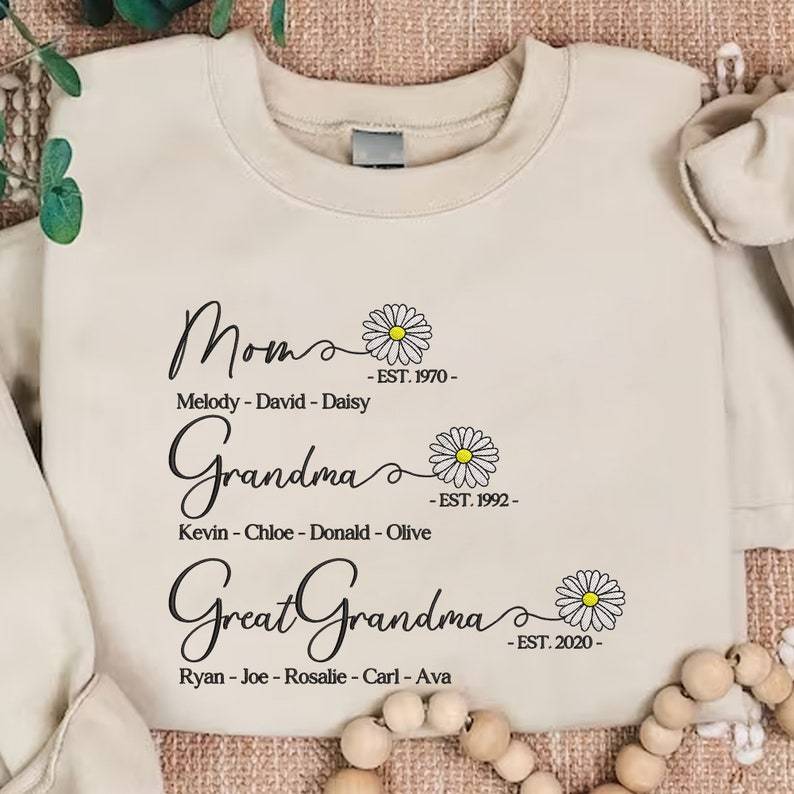 Custom Mom Grandma Great Grandma Embroidered Sweatshirt With Grandkids Names