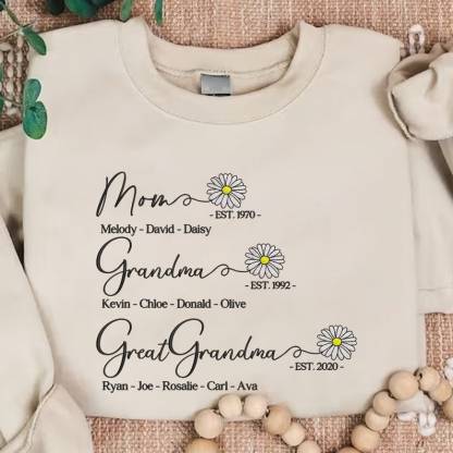 Custom Mom Grandma Great Grandma Embroidered Sweatshirt With Grandkids Names