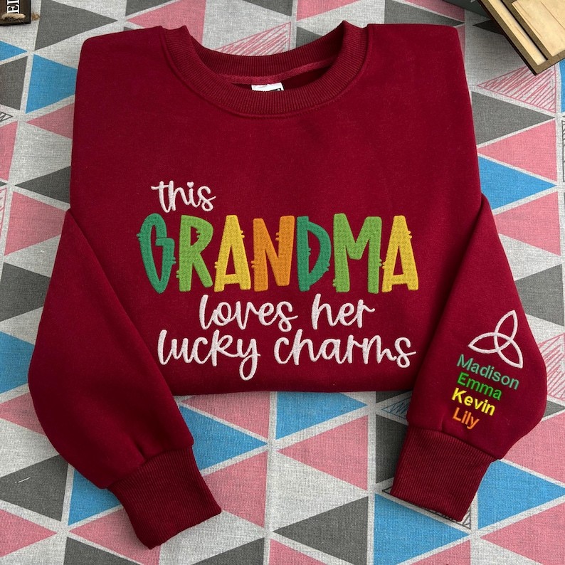 Custom This Grandma Wears Her Heart On Her Sleeve Embroidered Sweatshirt Names On Sleeve