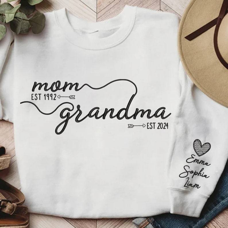 Customized Mom Grandma Embroidered Sweatshirts With Grandson's Names On The Sleeves