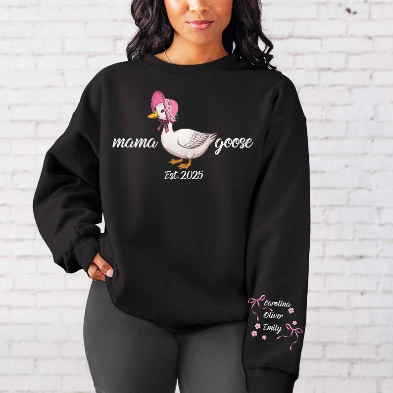 Custom Mama Goose Sweatshirt Gift With Kid Name On Sleeve