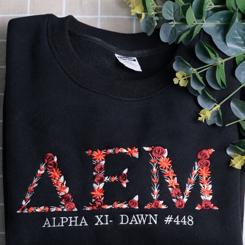 Custome Flower Text University Or Sorority Embroidered College Crewneck, Embroidery High School Sweater