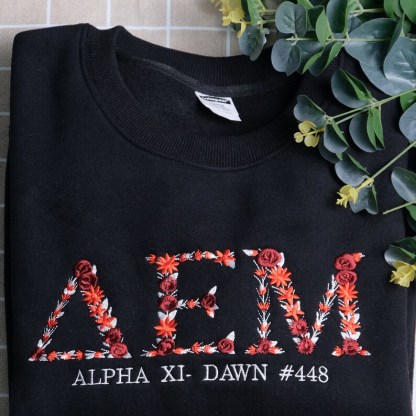 Custome Flower Text University Or Sorority Embroidered College Crewneck, Embroidery High School Sweater