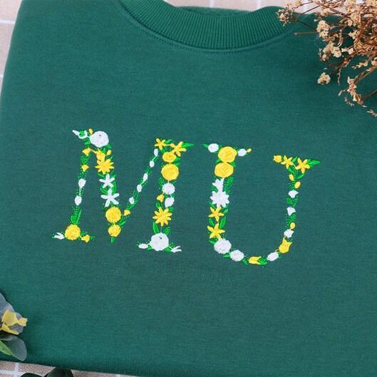 Custome Flower Text University Or Sorority Embroidered College Crewneck, Embroidery High School Sweater
