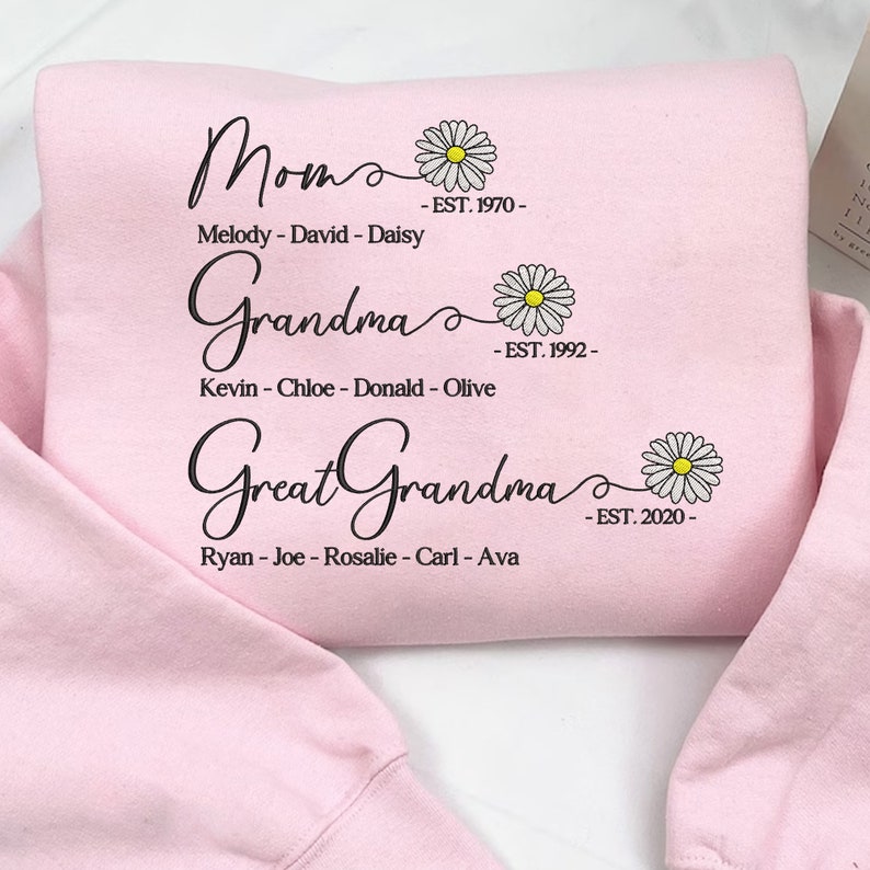 Custom Mom Grandma Great Grandma Embroidered Sweatshirt With Grandkids Names