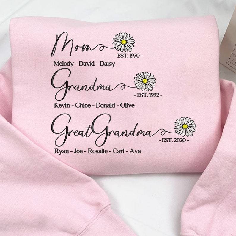 Custom Mom Grandma Great Grandma Embroidered Sweatshirt With Grandkids Names