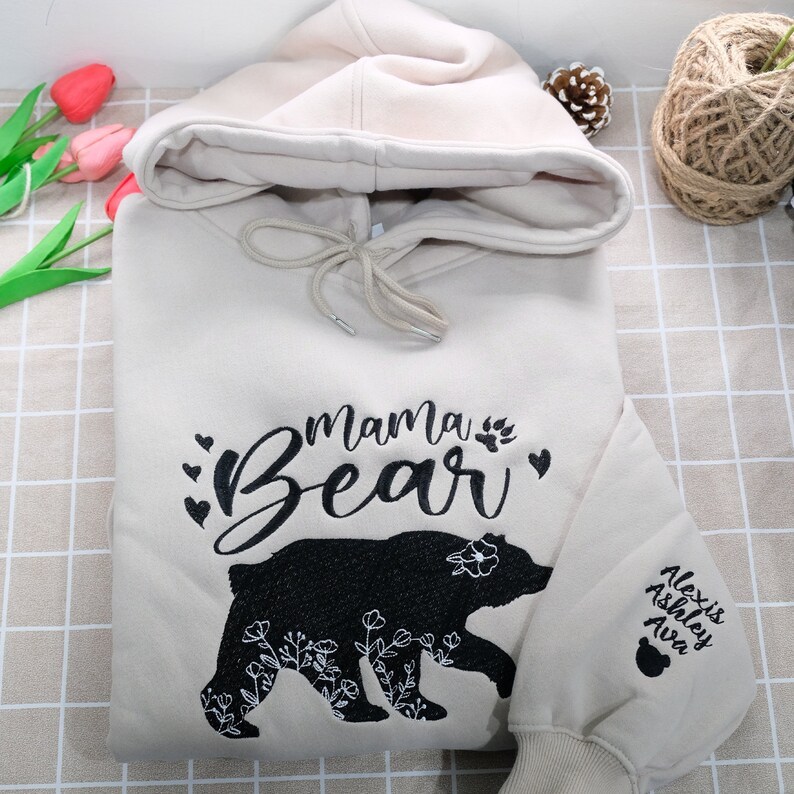 Personalized Mama Bear Embroidered Sweatshirt Mama With Kid Name On Sleeve