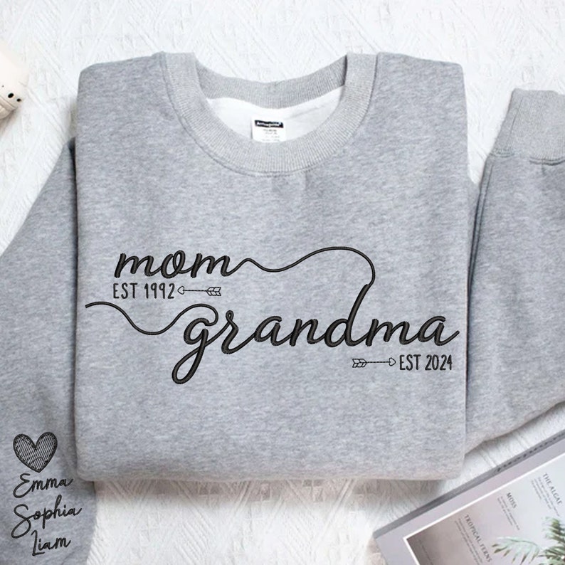 Customized Mom Grandma Embroidered Sweatshirts With Grandson's Names On The Sleeves