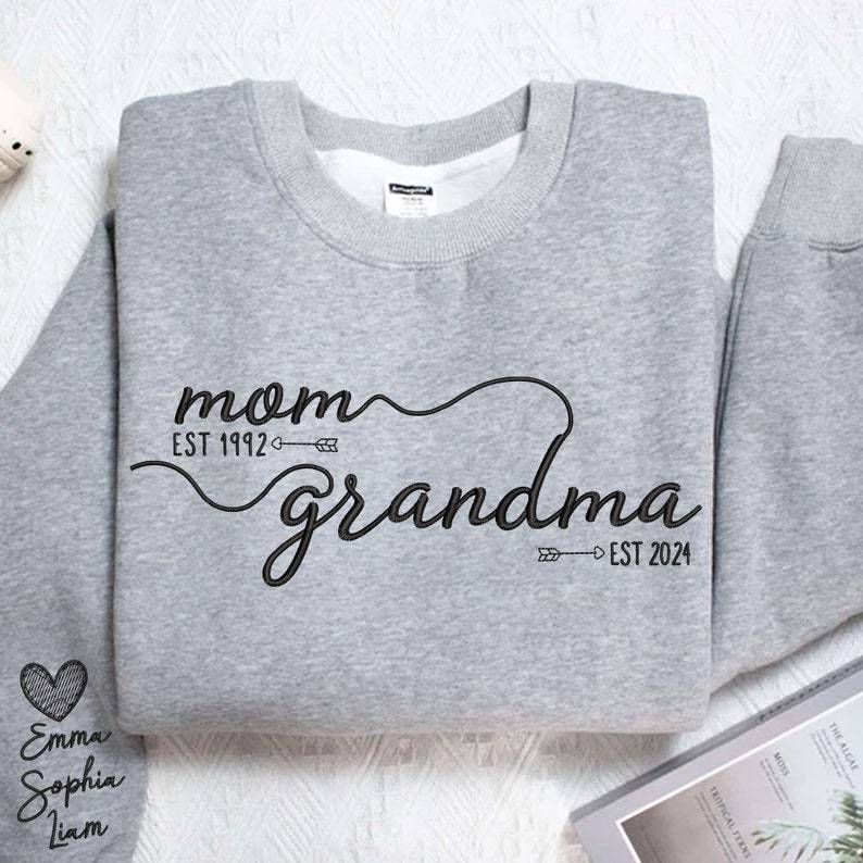 Customized Mom Grandma Embroidered Sweatshirts With Grandson's Names On The Sleeves