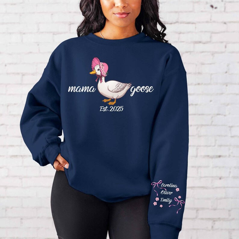 Custom Mama Goose Sweatshirt Gift With Kid Name On Sleeve