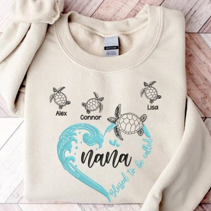 Personalized Grandma Turtle Embroidered Sweatshirt With Turtle Grandkids