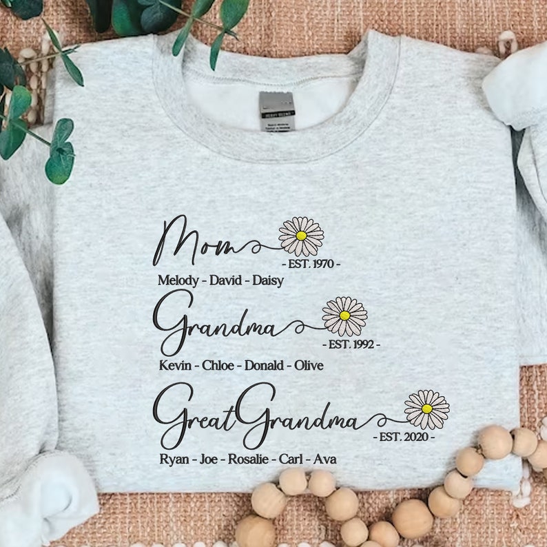 Custom Mom Grandma Great Grandma Embroidered Sweatshirt With Grandkids Names