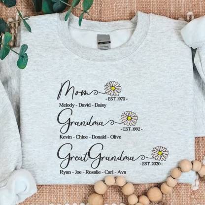 Custom Mom Grandma Great Grandma Embroidered Sweatshirt With Grandkids Names