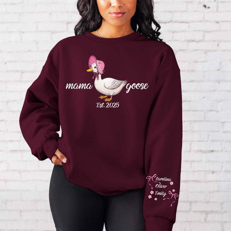 Custom Mama Goose Sweatshirt Gift With Kid Name On Sleeve