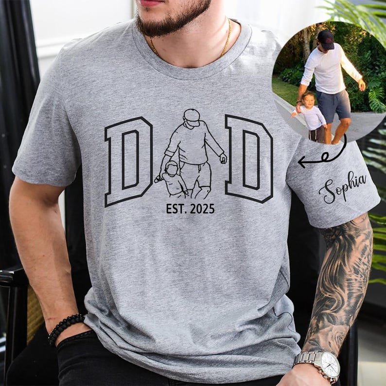 Personalized Dad Outline Photo Tshirt Father's Day Gift 2025
