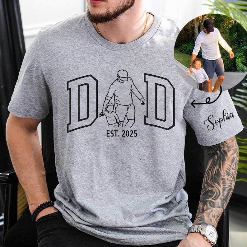 Personalized Dad Outline Photo Tshirt Father's Day Gift 2025