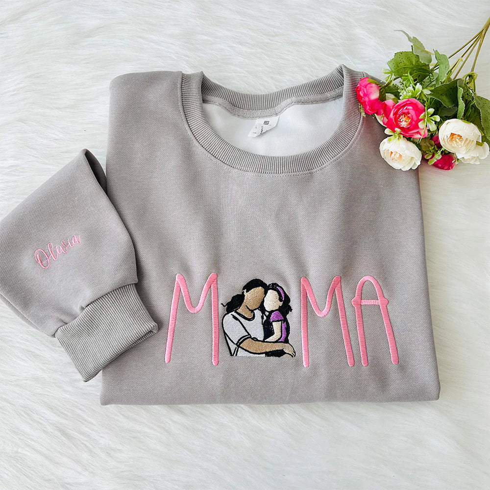Custom Mama in Family Portrait Photo Full Embroidered Sweatshirt
