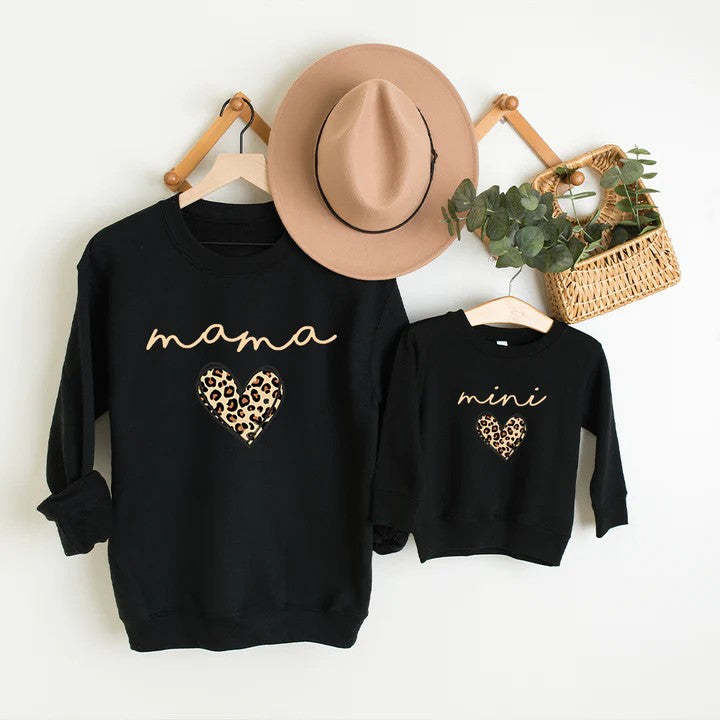 Mama & Mini Leopard Logo Heart Matching Black Sweatshirts